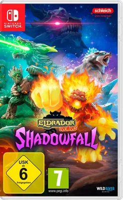 The image is a product packaging for the Nintendo Switch game 'Eldrador Creatures Shadowfall'. It features various fantasy creatures in a dynamic, action-oriented scene.