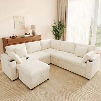 Produktbild von MODFU Ecksofa L-Form,Schlafsofa mit Schlaffunktion, Relaxsofa mit Stauraum-Hocker und USB/Type-C-Anschluss,Modulares Chenille Sofa mit Getränkehalter, Beige