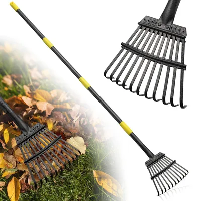 Produktbild von Omgoods - Gartenharke 180 cm - Verstellbarer Stahlstiel - 11 Metallzinken - Harkenfläche 19 cm - Ergonomischer Griff - Vielseitig einsetzbar für Garten und Rasen - Gartenharke