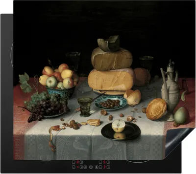 Produktbild von KitchenYeah© Herdabdeckplatte Stilleben mit Käse - Kunstwerk - Alte Meister , 58x51cm, Küche Deko, Glaskeramikkochfeld Herdabdeckung, Abdeckplatte fùr Kochfeld