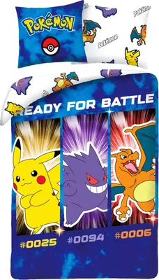 A Pokemon-themed duvet cover and pillowcase set with images of Pikachu, Gengar, and Charizard.