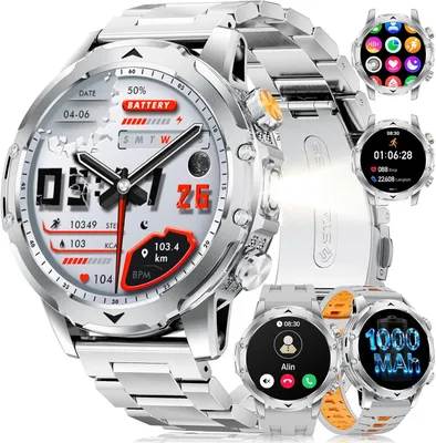 Produktbild von Smartwatch Herren mit 1,53"AMOLED, Militär mit 1000 mAh Batterie, LED Taschenlampe, Telefonfunktion, IP68, 120+Sportmodi, Herzfrequenz, Schlafmonitor