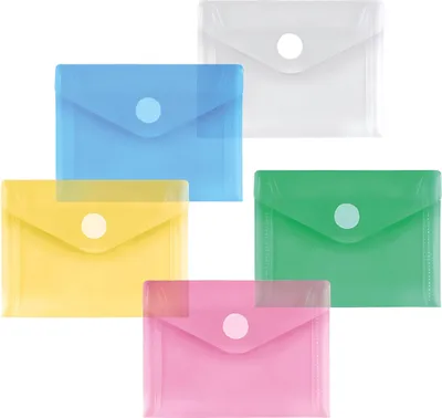 A collage of five translucent plastic folders in different colors.