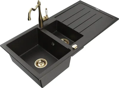 Produktbild von Mexen Andres 1,5-Becken-Granitspüle mit Abtropffläche und Mischbatterie Carla, Schwarz/Gold metallisch - 6515-75-670700-50