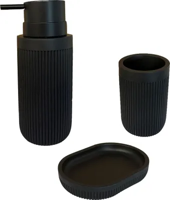 Produktbild von 3-teiliges Badezimmer-Set aus Kunstharz - Zahnbürstenhalter, Seifenspender, Schale