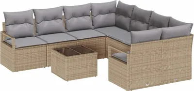 Produktbild von vidaXL Sofa Set mit Kissen 9 pcs Beige und Grau Poly Rattan