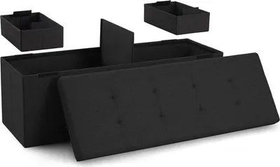 A black storage ottoman with its lid open, revealing internal compartments and two separate storage boxes.