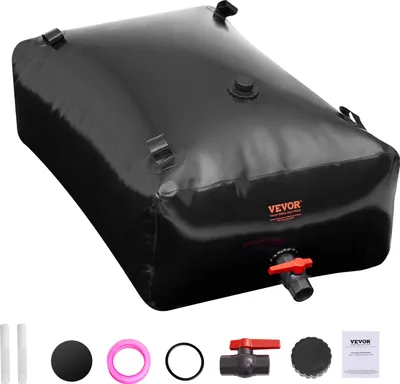 A black inflatable water storage bladder with accessories laid out below it.