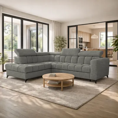 Produktbild von Ecksofa CAPRIO, Wohnzimmer, modernes Schlafsofa Sofa 5-Sitzer Sofa freistehendes Polstersofa Bettkasten 262 cm linke Ottomane Grau Marcello 23
