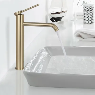 Image de Robinet de lavabo, mélangeur à levier unique, finition dorée brossée, modèle haut, pour salle de bain