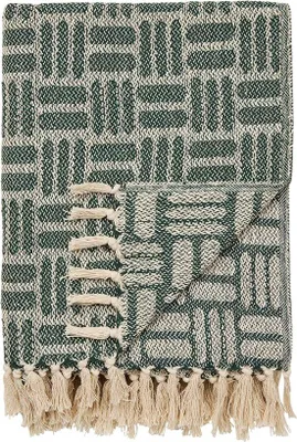 Obrázok produktu pre Unyqoos® Amina – Dekoratívna prikrývka s vzorom, zelená a krémová, 180 x 130 cm, vlnená/polyesterová, mäkká s frnčekmi, vhodná na pohovku a posteľ