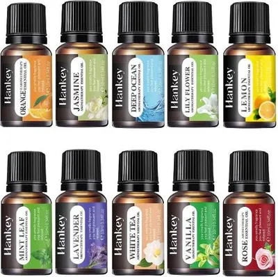 Produktbild von Set aus 10 ätherischen Ölen mit verschiedenen natürlichen Düften – entspannende Aromen in 10 ml Flaschen