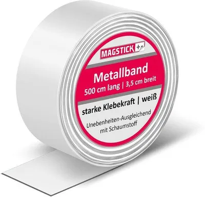 Produktbild von Magneetstrip aus Stahl als Basis für Magneten I Magnetstreifen mit selbstklebender Rückseite I Auf Anforderung schneidbar I Glänzend weiß I Starke Haftkraft I mag142