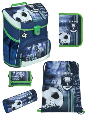 Produktbild von Familando - Scooli Campus Fit Schulranzen Set - 5-teilig mit Federmappe - Fußball Motiv Blau - Ergonomisch, Stabil & 980g leicht - 18L Volumen - Brustgurt & Reflektoren - Für Grundschule ab 1. Klasse