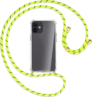 Produktbild von Handykette Backcover-Schutzhülle mit Band (Metall goldfarben) für Apple iPhone 12 Mini - neongelb