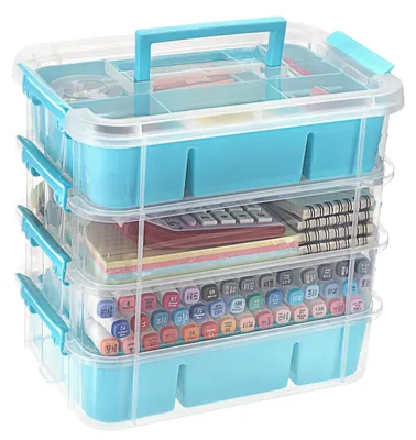 Stapelbare Aufbewahrungsbox 4-lagig, transparent, blau, mit Tragegriff