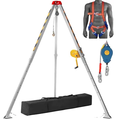 Productafbeelding van VEVOR Statiefset 1200 lbs: Statief met lier, 7 poten en 98 voet kabel. Reddingstatief voor krappe ruimtes. 32,8 voet valbeveiliging, ophanggordel en opbergtas voor traditionele, krappe ruimtes
