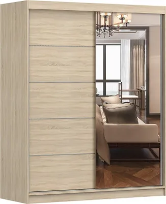 Produktbild von Kleiderschrank V6 mit Spiegel 160 cm, Schwebetürenschrank, Garderobeschrank Schlafzimmer; Wohnzimmerschrank; Korpus Schrank Farbe: Sonoma; Farbe der Schrankfront: Sonoma - 2 Schiebetüren