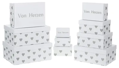 10er-Set Geschenkboxen mit Deckel, Karton, Herzen, weiß/grau