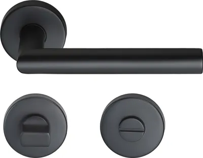 A black door handle set, including a lever handle and two rosettes, is displayed against a white background.