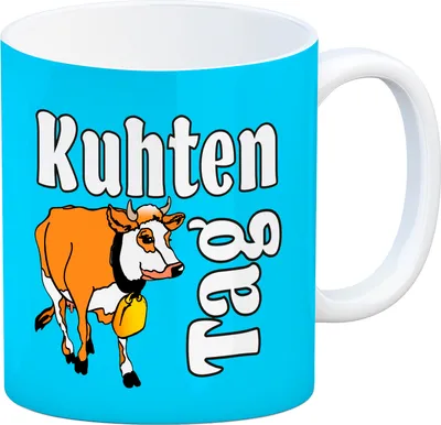 Produktbild von Kuhten Tag Kaffeebecher in blau mit Kuh zum Thema Bauernhof