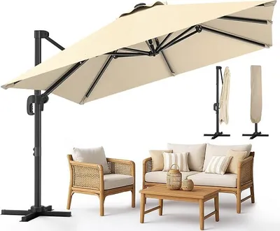 Imagen del producto de Parasol para jardín de 300 cm, con soporte, manivela, protección contra el viento y cubierta, giratorio 360° e inclinable en 6 posiciones. Ideal para terraza, balcón y jardín. Parasol para mercados con protección UV, impermeable, color beige