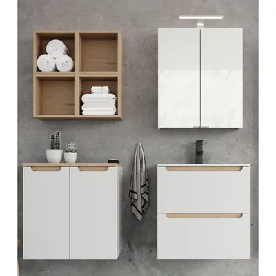 Produktbild von Badezimmermöbel Set Hochglanz weiß mit Trüffel-Buche SOFIA-107 Keramik-Waschtisch & Spiegelschrank, B/H/T ca. 150/200/46 cm