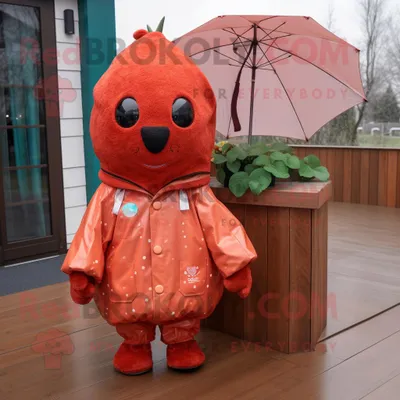 Produktbild von Rust-Erdbeer REDBROKOLY Maskottchen kostüm gekleidet mit Regenmantel und Umhängetaschen