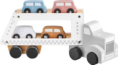 Produktbild von Autotransporter aus Holz mit Fahrzeugen mit 1 Lastwagen und 4 Holzautospielzeugen, Lastwagen mit Anhänger