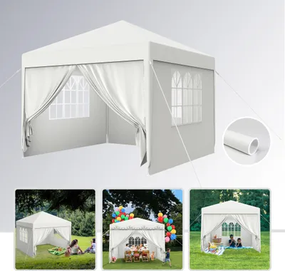 A collage of images showing a white gazebo or party tent in different settings, including a product shot and lifestyle shots with people.