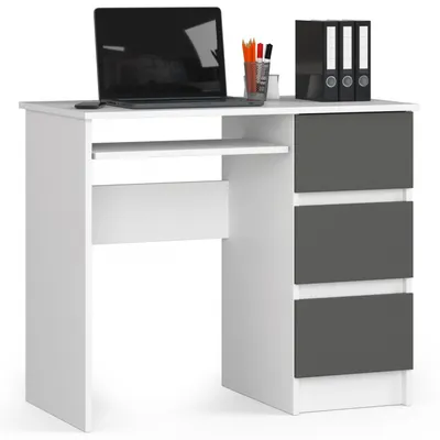 Image de Bureau A-6 90 cm droit blanc gris graphite avec 3 tiroirs et étagère extensible
