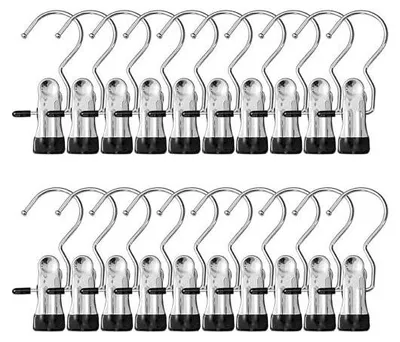 Produktbild von 20 Stück Wäscheklammern Edelstahl, Wäsche Haken rutschfest Kleiderbügel Clip 360? Drehbar Stiefelklammern Stiefel Aufhänger Metall Klammern für Hosen Schuhe Handtuch (Schwarz)