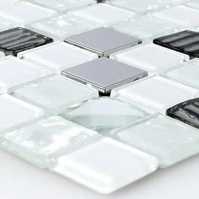 Produktbild von Glas Edelstahl Mosaik Amasya Selbstklebend Weiss Silber