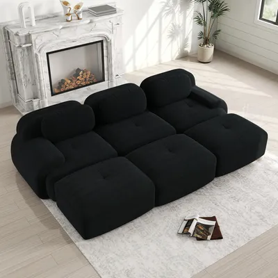 Produktbild von MODFU 3-Sitzer Ecksofa Cord,Modulares Sofa mit Geschwungene Armlehnen und Rutschfeste Unterseite,Rahmenloses Loungesofa mit 3 Ottoman,Schwarz