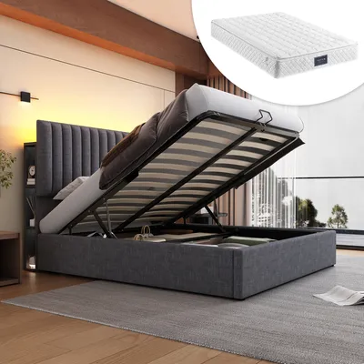 Obrázok produktu pre STILVORA Čalúnená posteľ 160x200 cm, dvojlôžko s LED osvetlením a nastaviteľnou opierkou, posteľ pre mládež s USB a Type-C nabíjacím portom, sivá (s matracom)