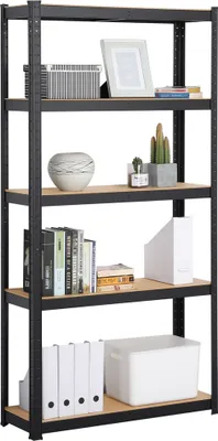A black metal shelving unit with wooden shelves, filled with various items.