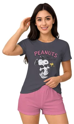Obrázok produktu pre Pyžamo Peanuts Snoopy pre dámy – Sada pyžam "Najlepší priatelia", krátky rukáv, tričko a šortky, sivá/ružová farba, veľkosť XL