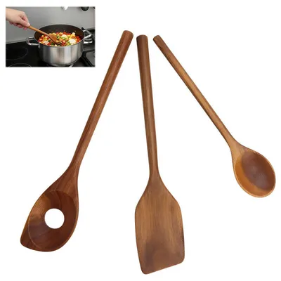 Image de Ensemble de 3 ustensiles de cuisine en bois : spatule, cuillère de cuisine et louche, en bois d'acacia