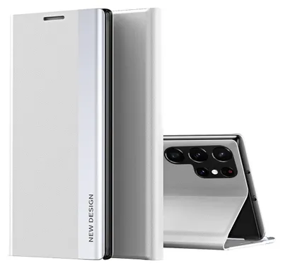 A white flip case for a smartphone is shown, with the back of a silver smartphone visible.