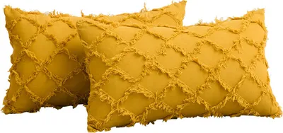 Produktbild von 2 STÜCKE Dekokissenbezüge Baumwollgitter Wovon Tufted Lumbar Dekorative Kissenbezug Kissenbezüge für Sofa Sitzkissen, Gelb 45*45cm