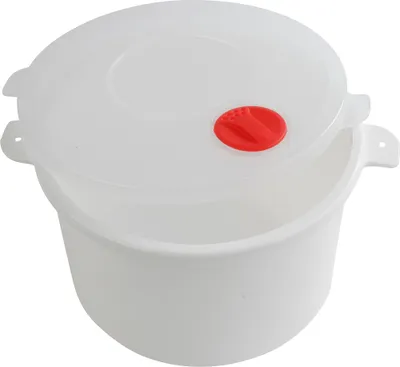 A white round microwave pot with a red lid vent is shown against a white background.