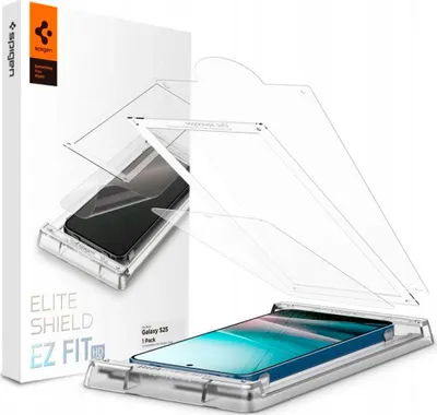 A Spigen Elite Shield ez Fit HD screen protector for a Samsung Galaxy S25 is shown in its packaging with an installation guide.