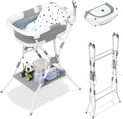 Productafbeelding van opvouwbaar babybadje met standaard - Babybadje met antislipstandaard en badmat - Baby badje met opbergplatform voor pasgeborenen en peuters
