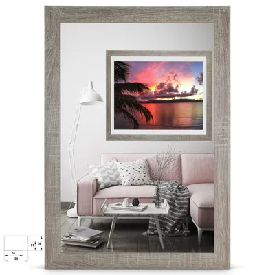 A living room scene with a mirror reflecting a couch and a picture.