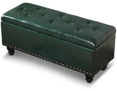 Kunstleder-Hocker mit Stauraum, Holzbeine, 80x40x43 cm, Grün