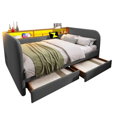 Produktbild von okwish Schlafsofa,Polsterbett Tagesbett 140x190 cm, mit LED und USB-C Ladefunktion,Schlafsofa mit 2 Schubladen Stauraum im Kopfteil, Leinen, Grau (Ohne Matratze)