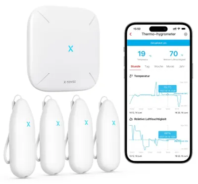 Image de X-Sense WLAN Hygromètre Thermomètre Intérieur, Surveillance de la température et de l'humidité par App, Portée 500m, Exportation e des données, compatible avec Alexa, 4 capteurs et 1 station de base SBS50