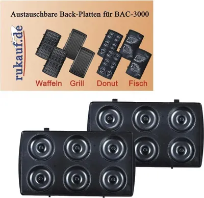 A collage of interchangeable baking plates for a waffle maker, with a close-up of donut plates.