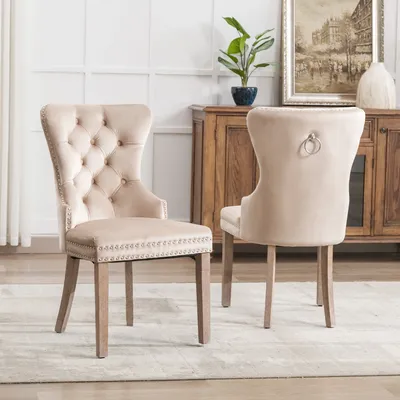 Produktbild von Flieks Esszimmerstuhl 2er Set, Küchenstuhl mit Massivholzbeinen und Zugring, Polsterstühle Essstuhl mit Samtbezug, Beige