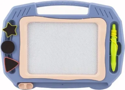 A blue magnetic drawing board with a pink frame, a yellow stylus, and several shape stamps.